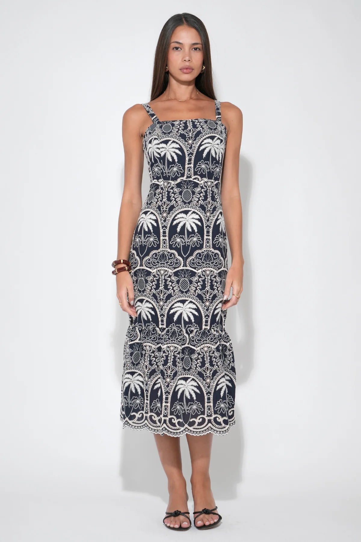 Evangeline Scallop Cotton Embroidery Midi Dress - Navy & Ivory