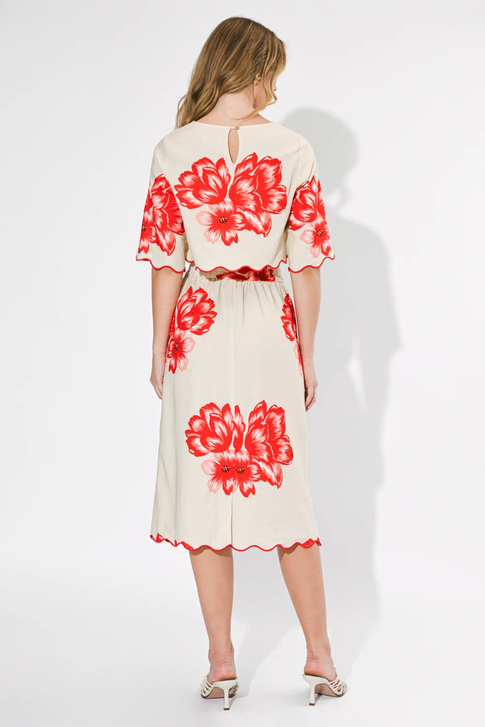 Ashley Scallop Printed Skirt - Cream & Red