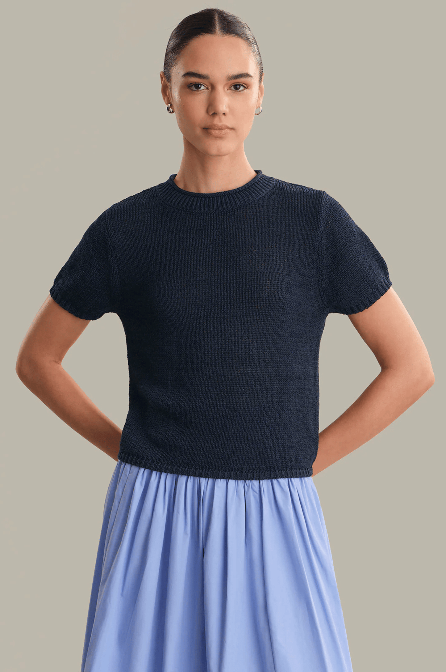Terri Roll Edge Short Sleeve Sweater - Dark Blue