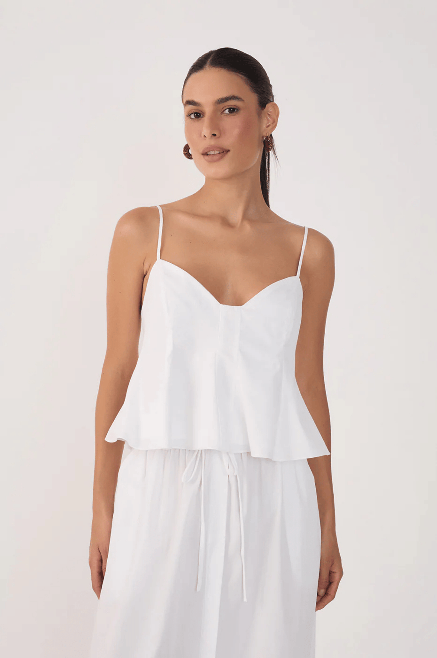 V Neck Sleeveless Cotton Peplum Top - White