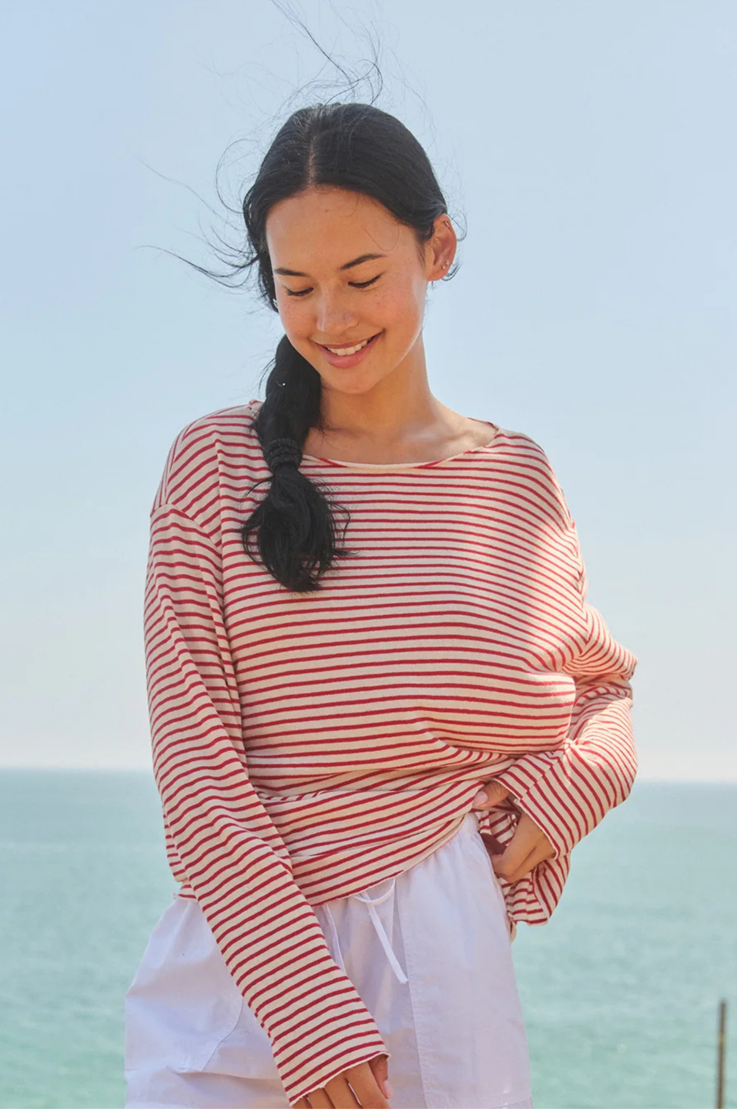 Boat Neck Stripe Top With Raw Edge - Oyster