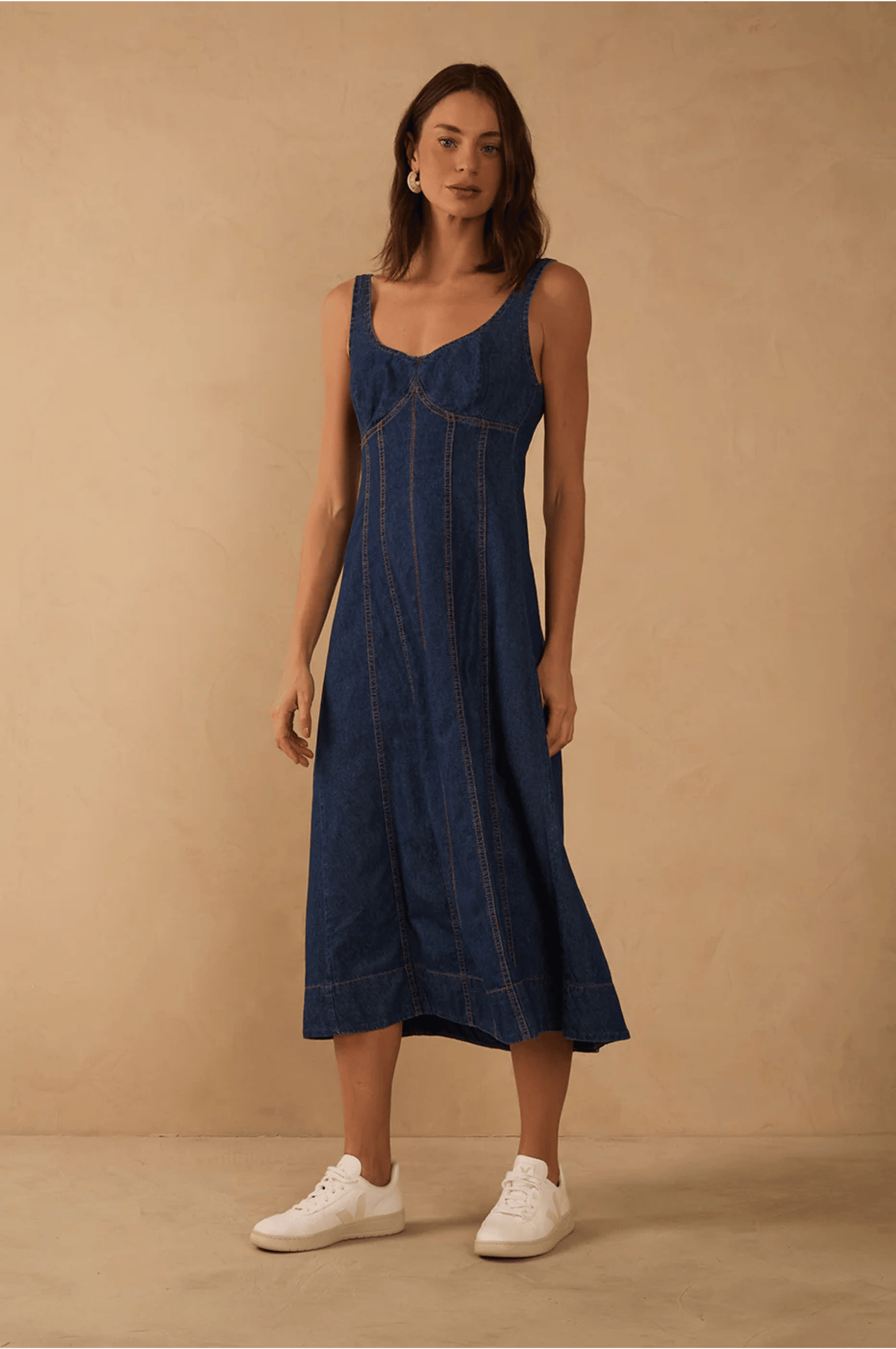 Denim Topstitching Sleeveless Midi Dress - Dark Wash