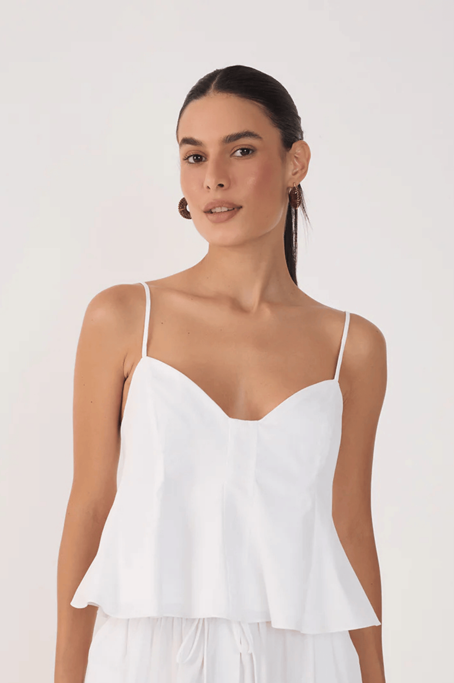 V Neck Sleeveless Cotton Peplum Top - White