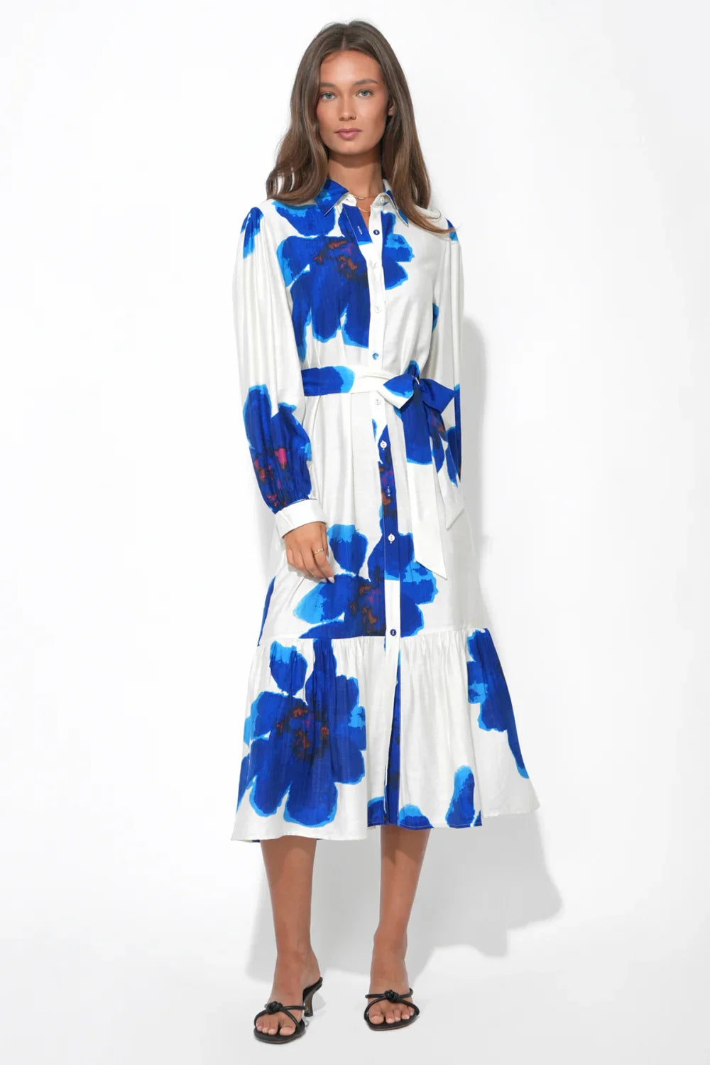 Mila Button Up Printed Floral Midi Dress - Royal Blue & White