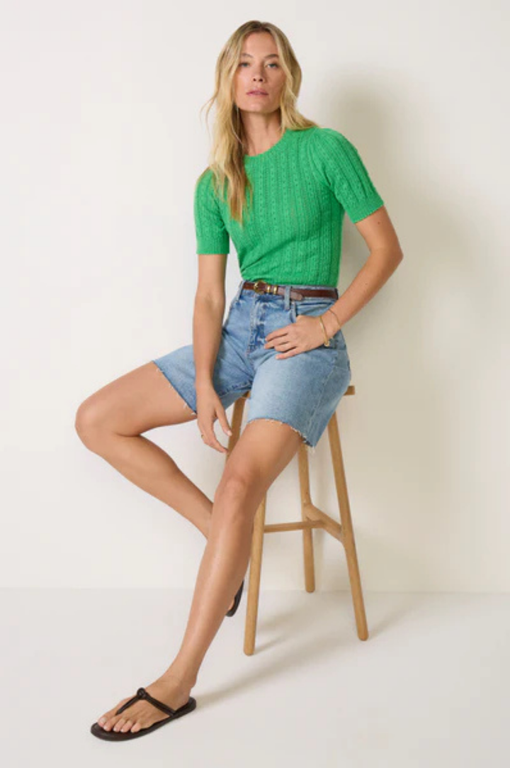 Arden Pointelle Puff Sleeve Pullover - Kelly Green