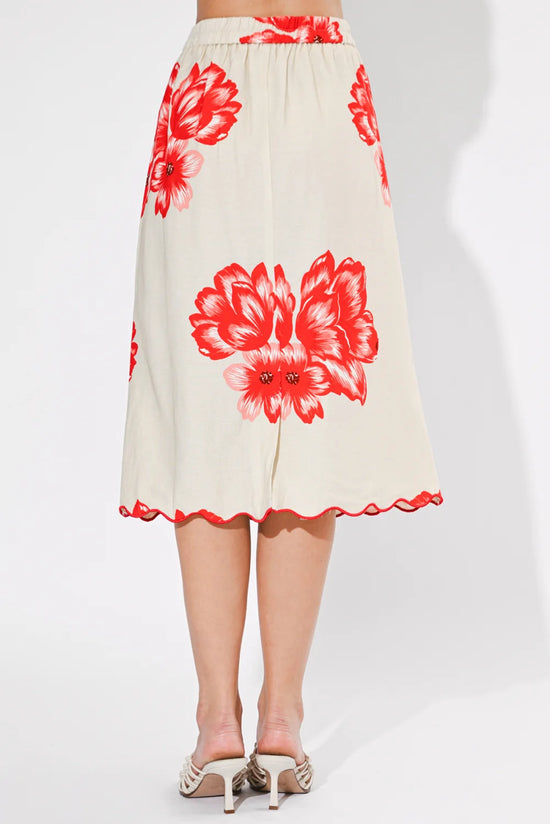 Ashley Scallop Printed Skirt - Cream & Red