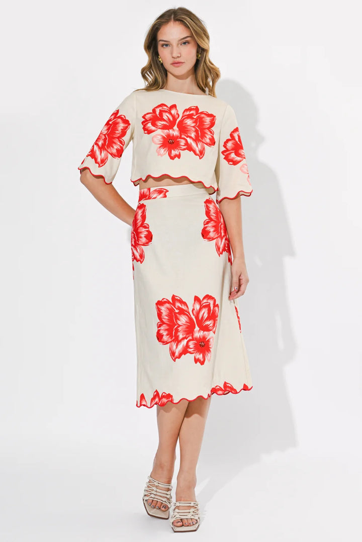 Rylee Scallop Printed Sleeve Top - Cream & Red