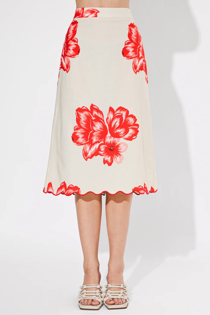 Ashley Scallop Printed Skirt - Cream & Red