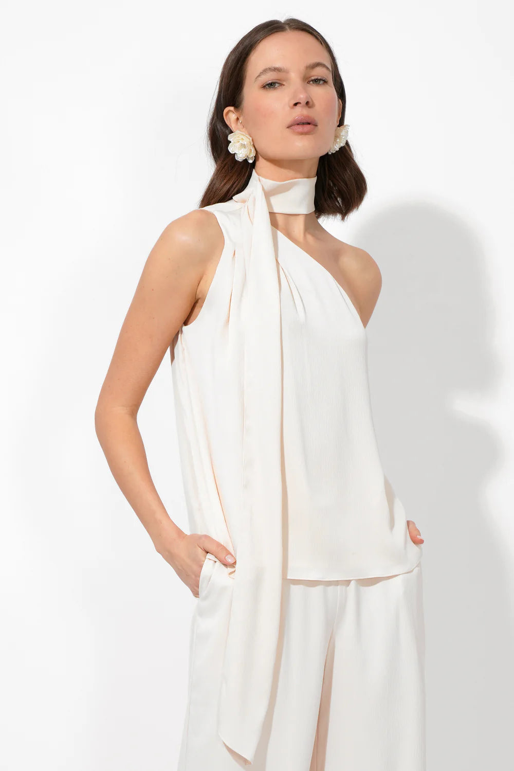 Lisette Scarf One Shoulder Top - Ecru