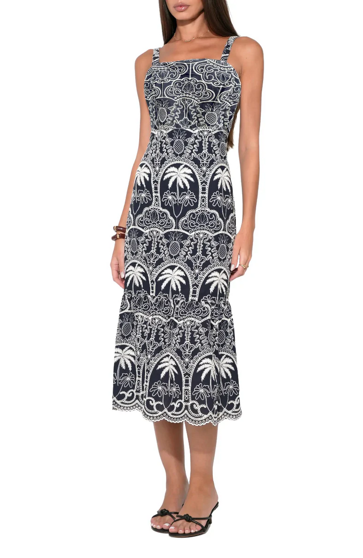 Evangeline Scallop Cotton Embroidery Midi Dress - Navy & Ivory
