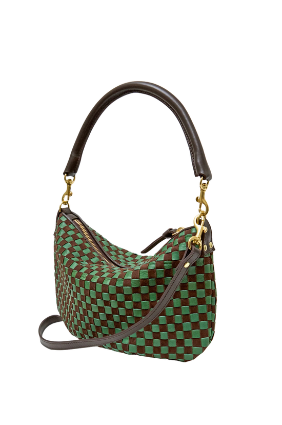 Petit Moyen Messenger - Leather and Suede Woven Checker - Deep Pine/Chocolate