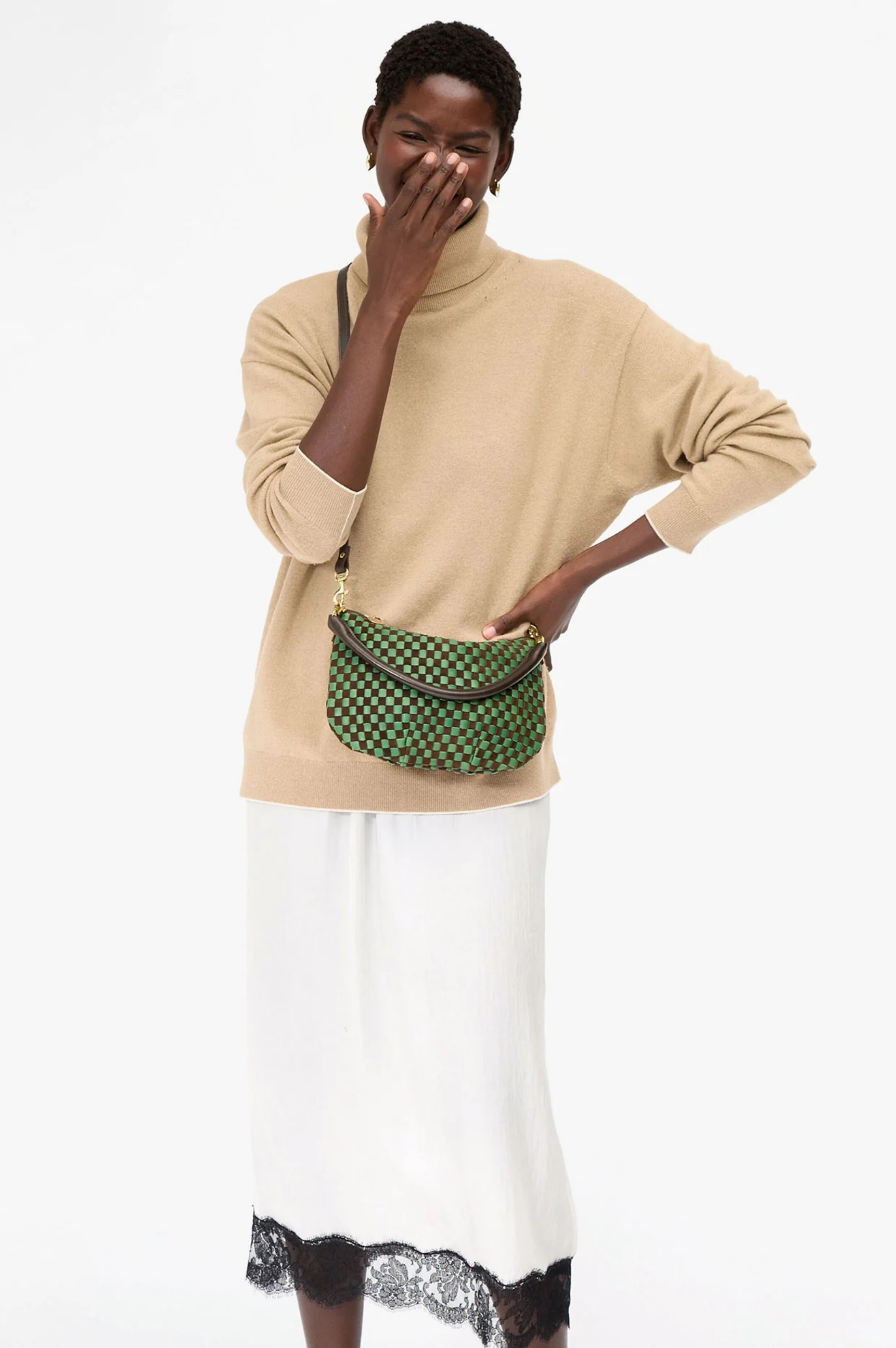 Petit Moyen Messenger - Leather and Suede Woven Checker - Deep Pine/Chocolate