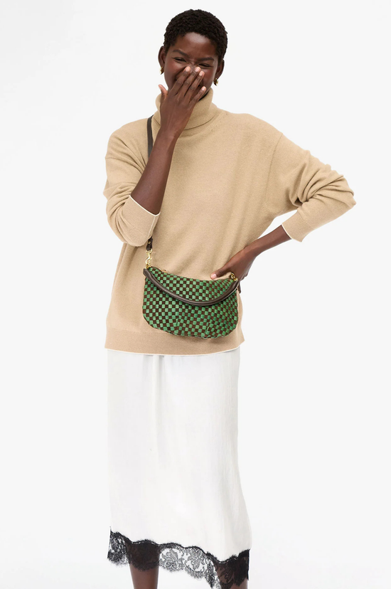 Petit Moyen Messenger - Leather and Suede Woven Checker - Deep Pine/Chocolate