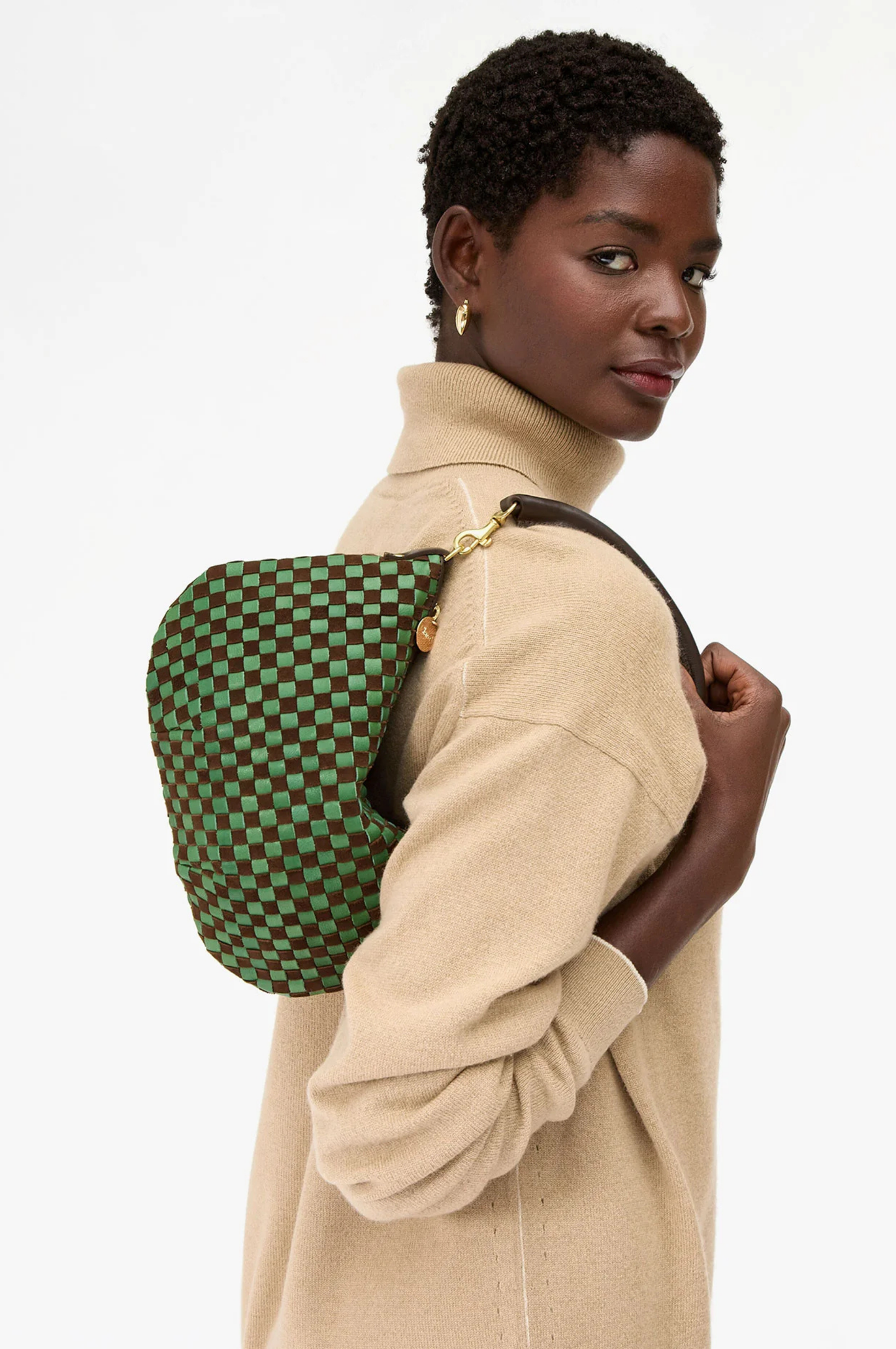 Petit Moyen Messenger - Leather and Suede Woven Checker - Deep Pine/Chocolate