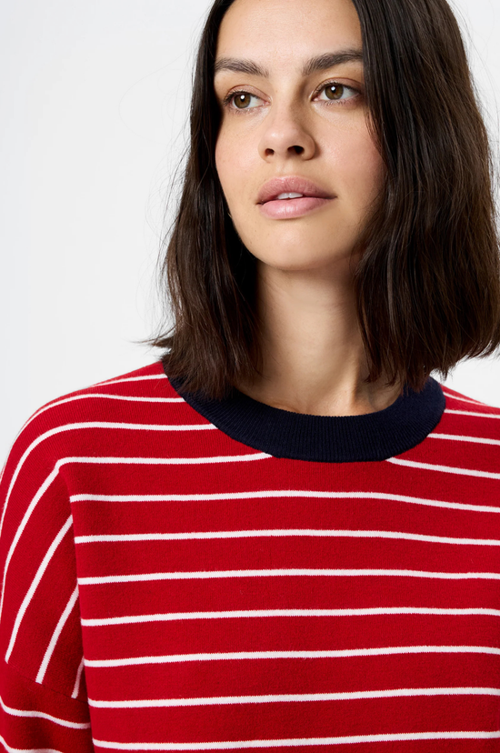 Marley Knit Striped Crew Neck - Crimson Red/White