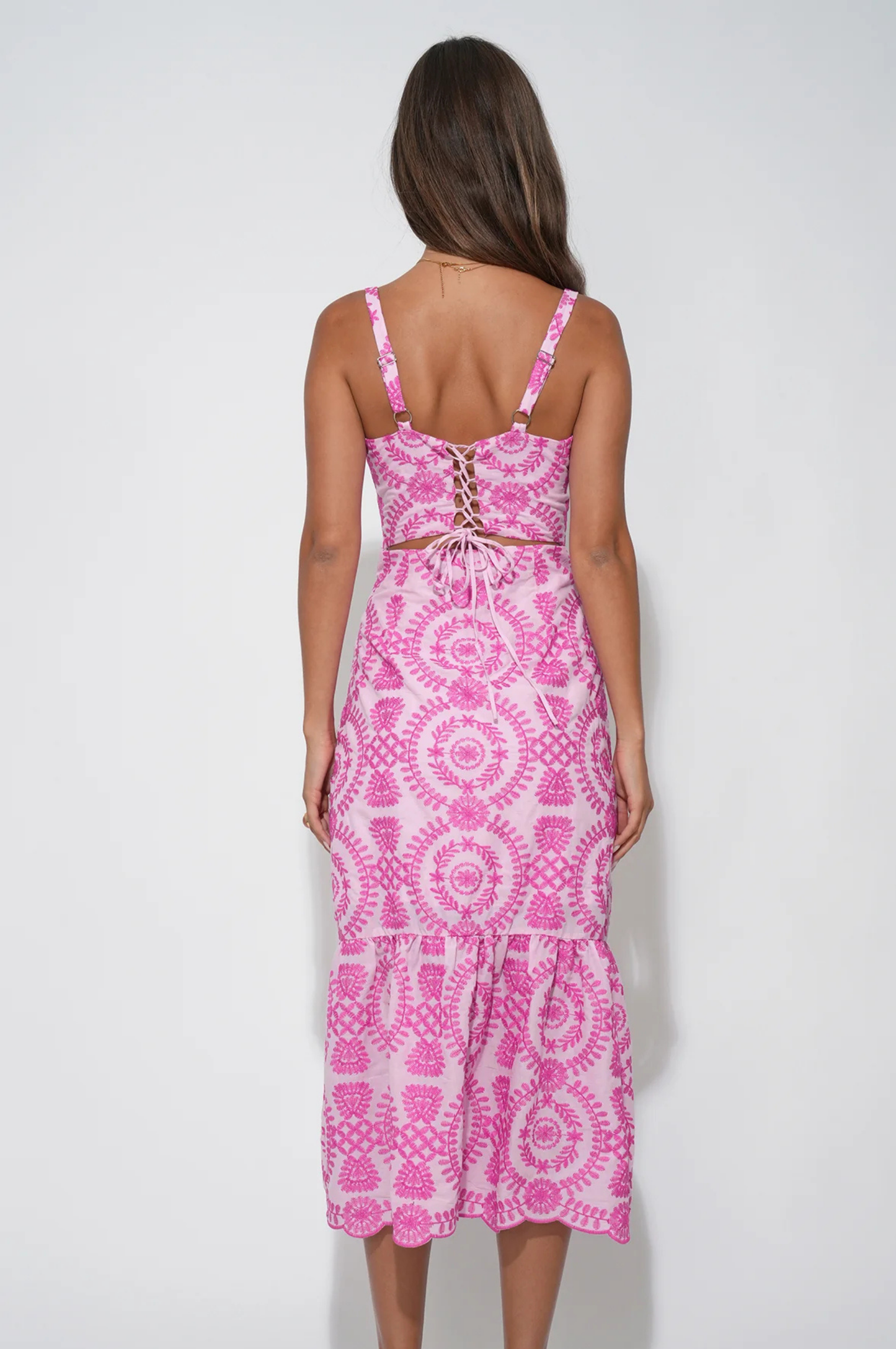 Raelynn Lace Up Tie Back Embroidery Dress - Lilac/Magenta