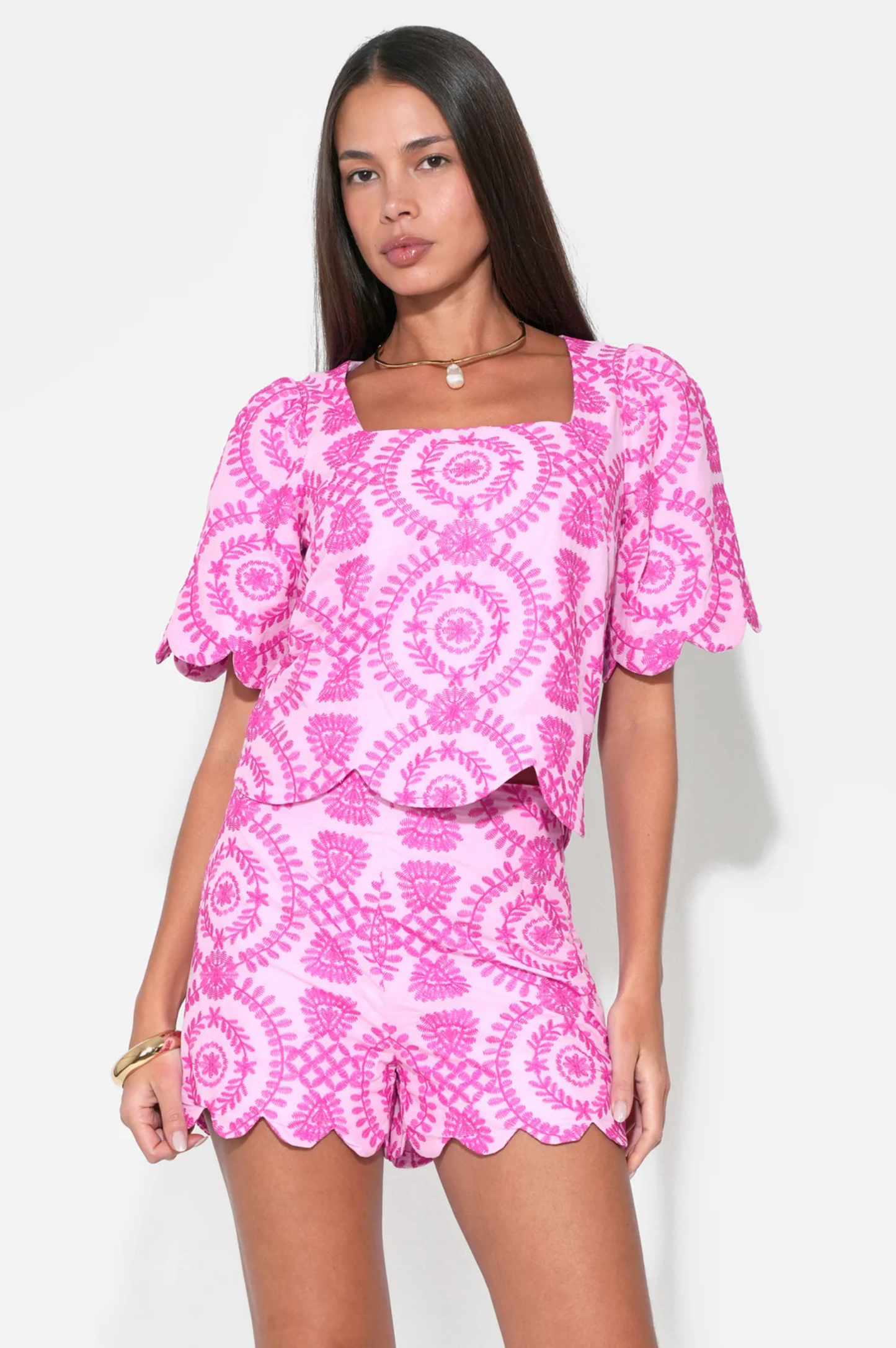 Hadley Square Neck Embroidery Scallop Top - Lilac/Magenta