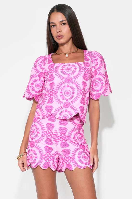 Hadley Square Neck Embroidery Scallop Top - Lilac/Magenta
