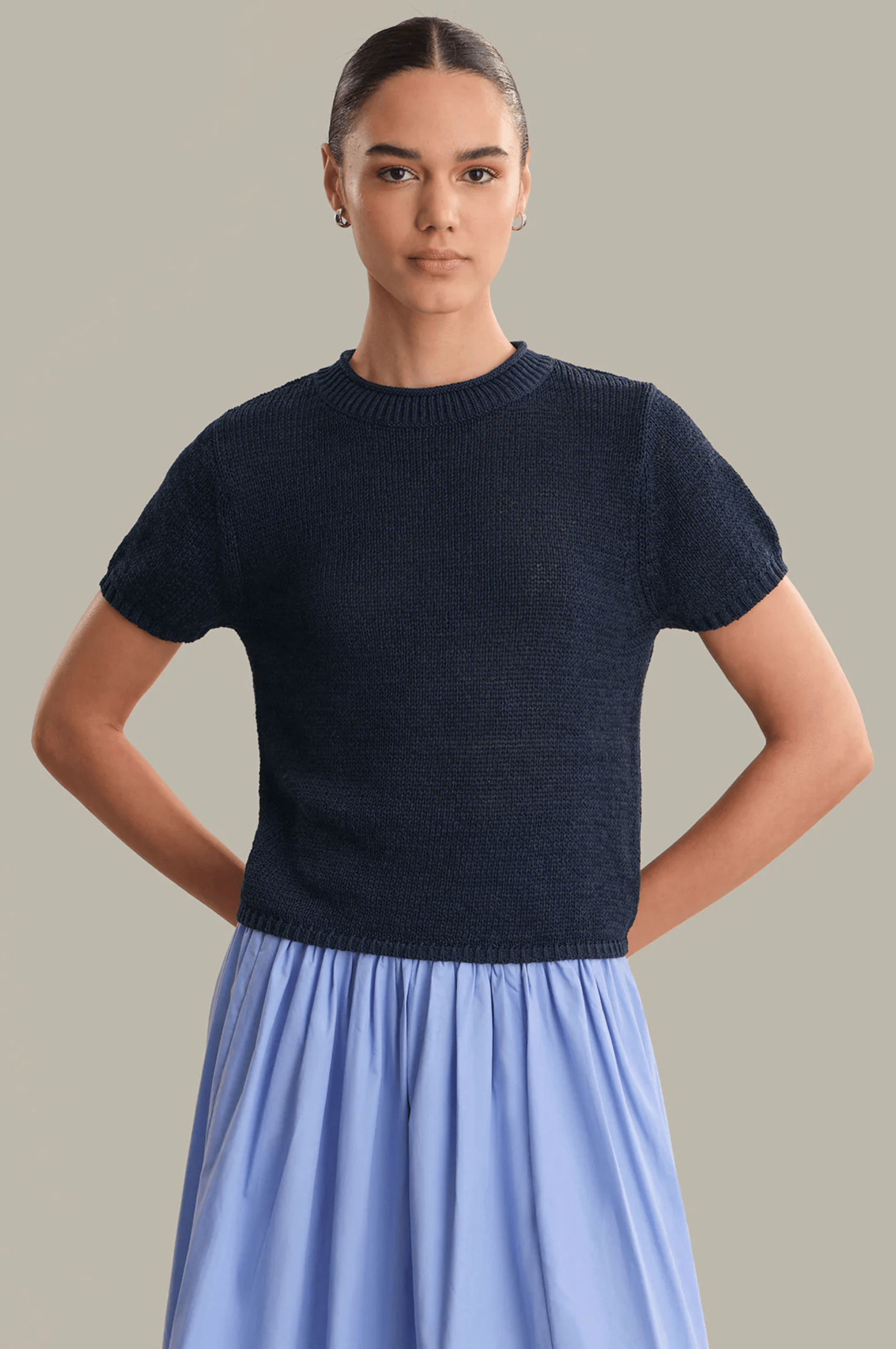 Terri Roll Edge Short Sleeve Sweater - Dark Blue