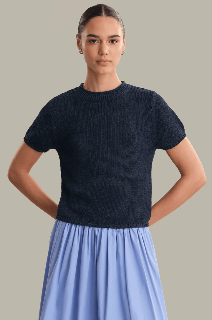 Terri Roll Edge Short Sleeve Sweater - Dark Blue