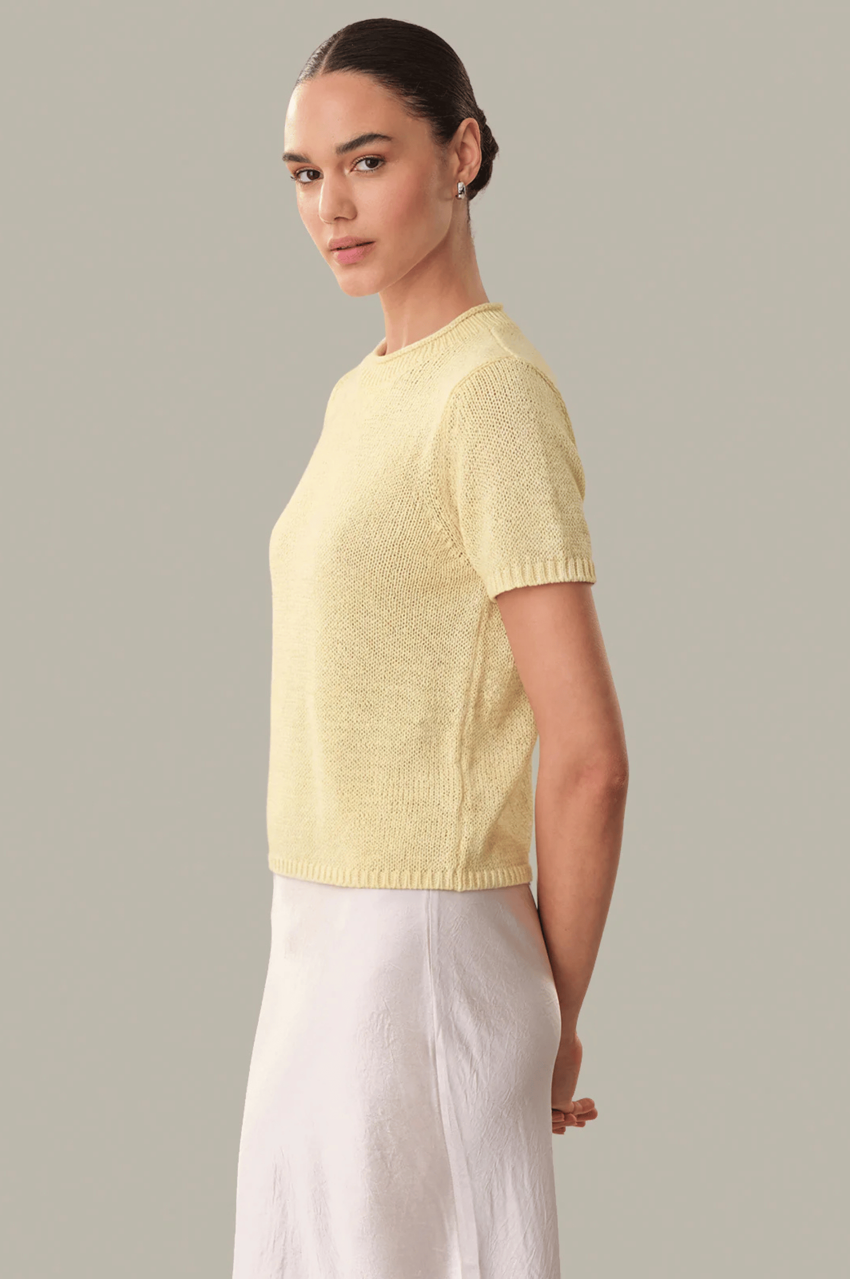 Terri Roll Edge Short Sleeve Sweater - Lemon Icing