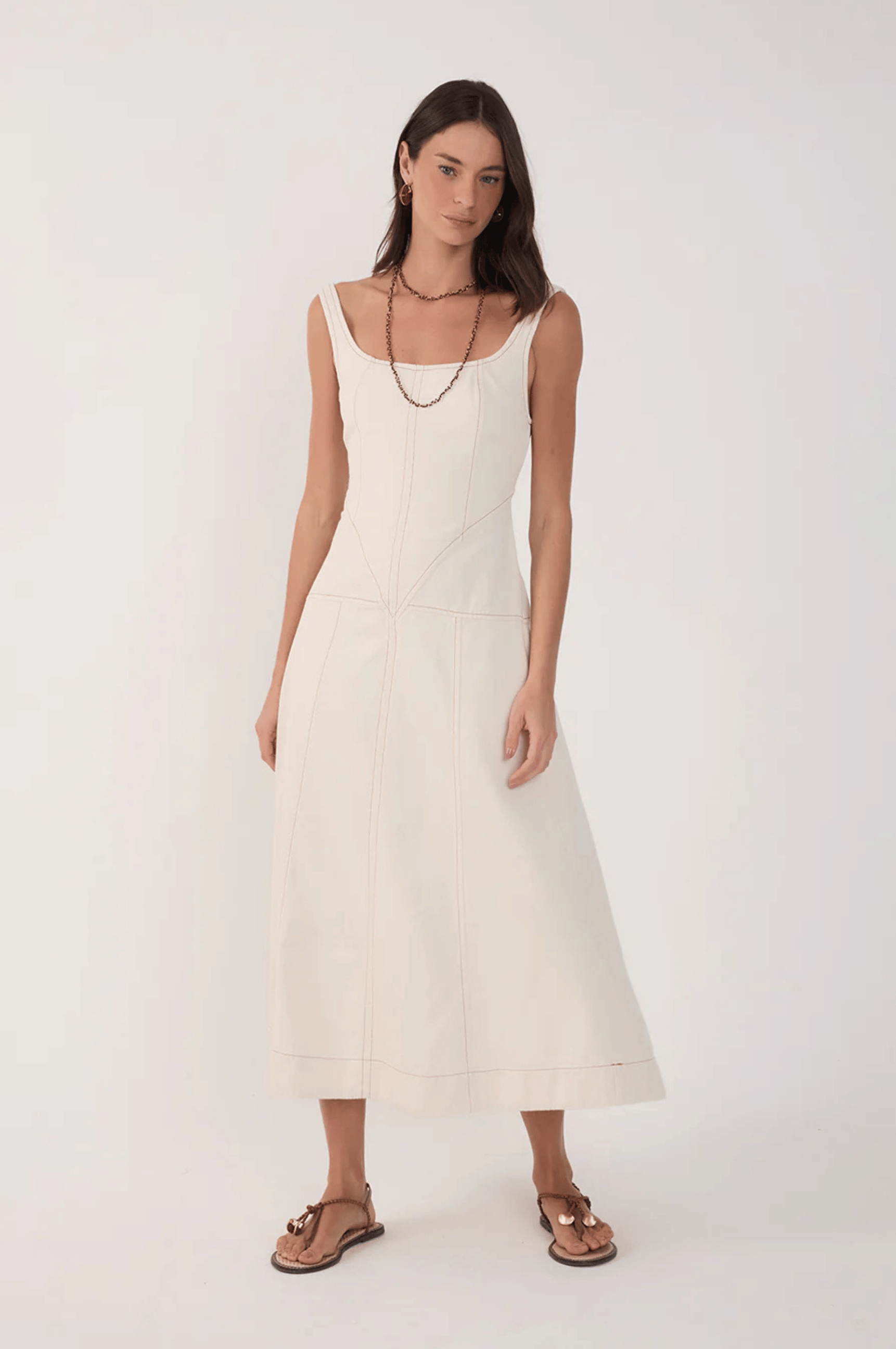 Topstitched Twill Midi Dress - Off White