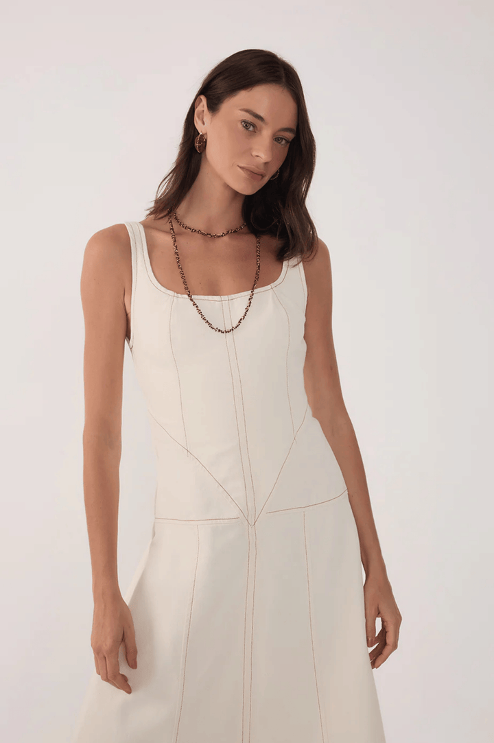 Topstitched Twill Midi Dress - Off White