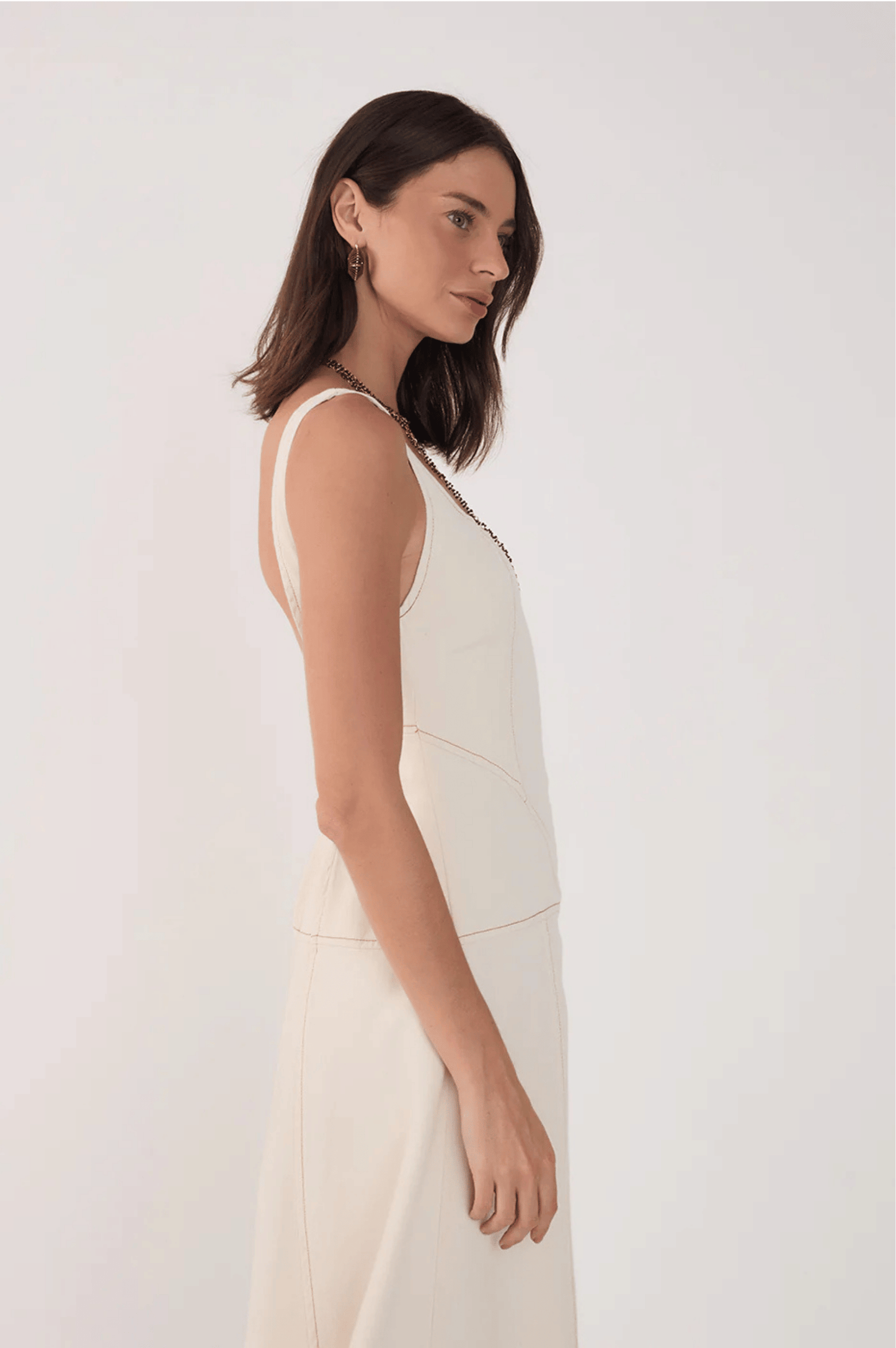 Topstitched Twill Midi Dress - Off White