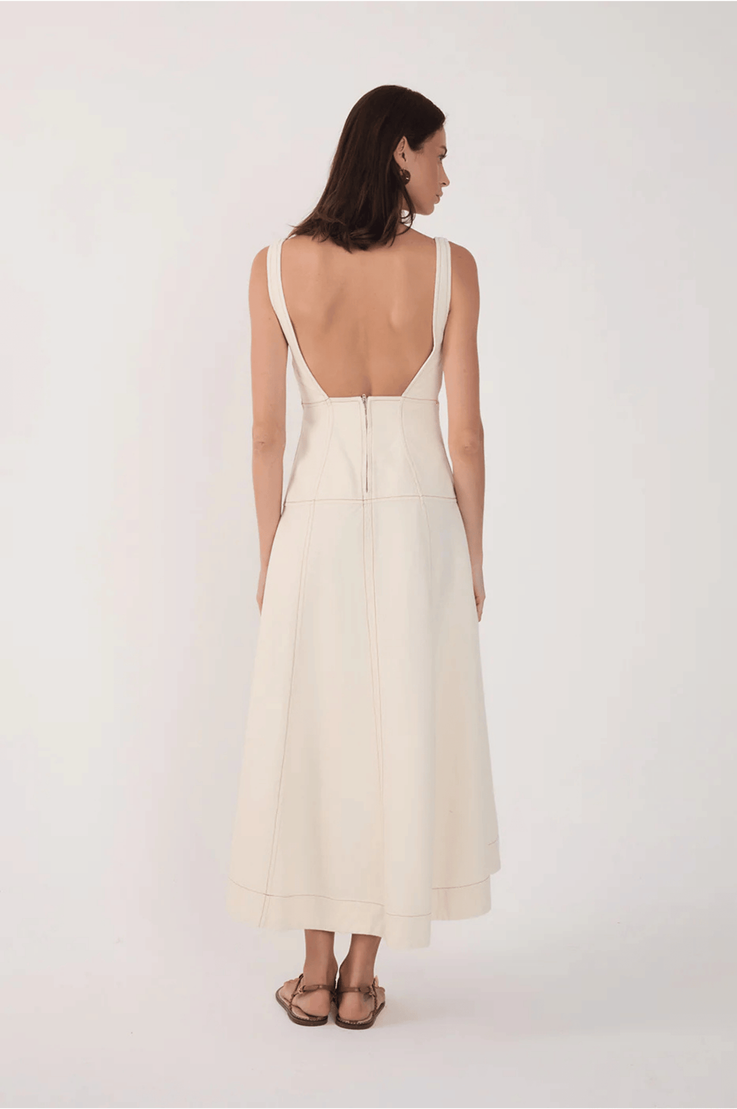 Topstitched Twill Midi Dress - Off White