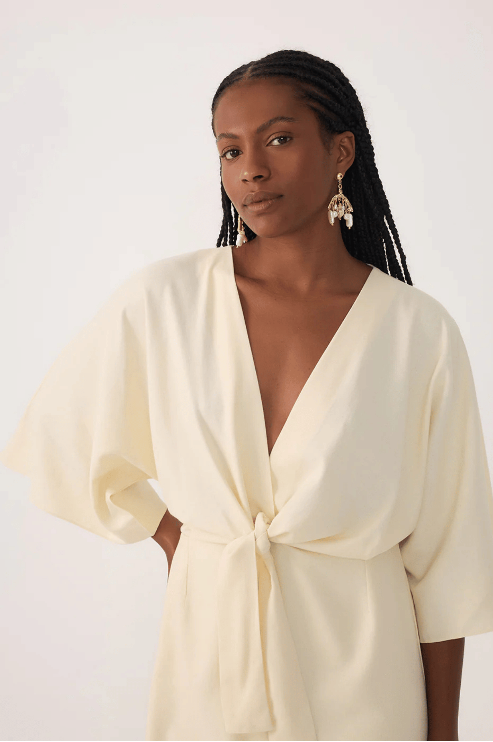 Front Knot Kimono Sleeve Mini Dress - Beige Shell