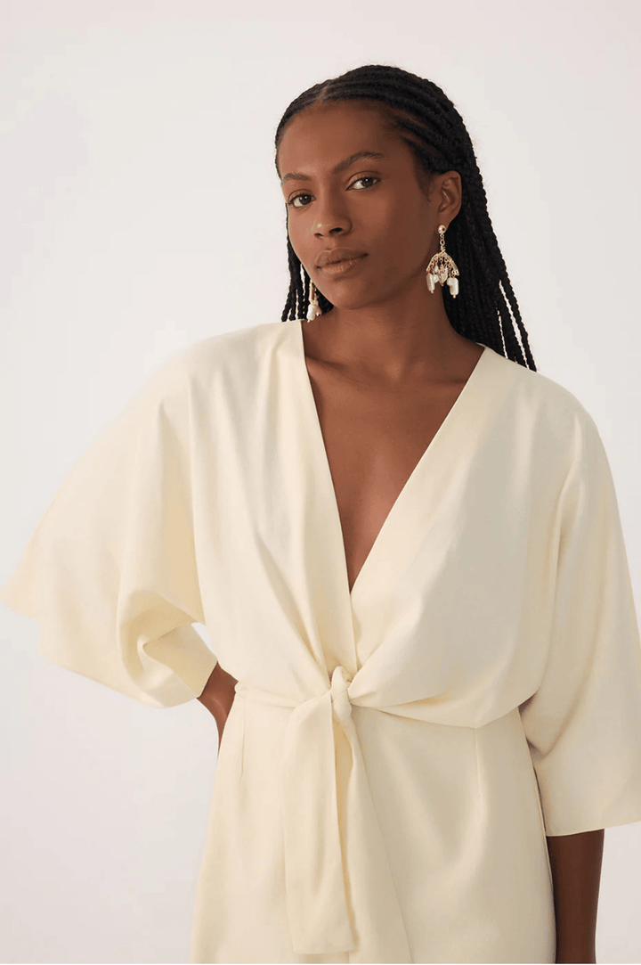 Front Knot Kimono Sleeve Mini Dress - Beige Shell
