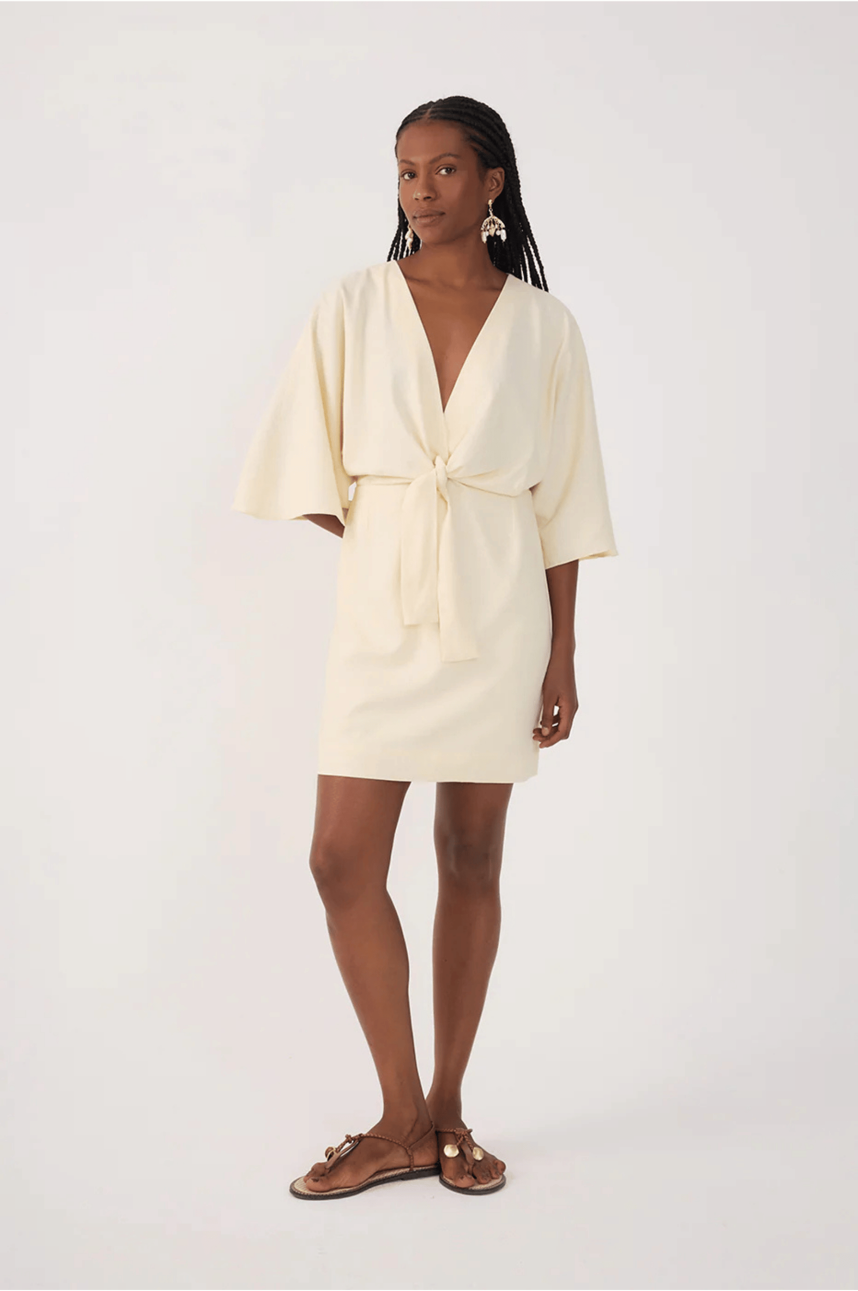 Front Knot Kimono Sleeve Mini Dress - Beige Shell
