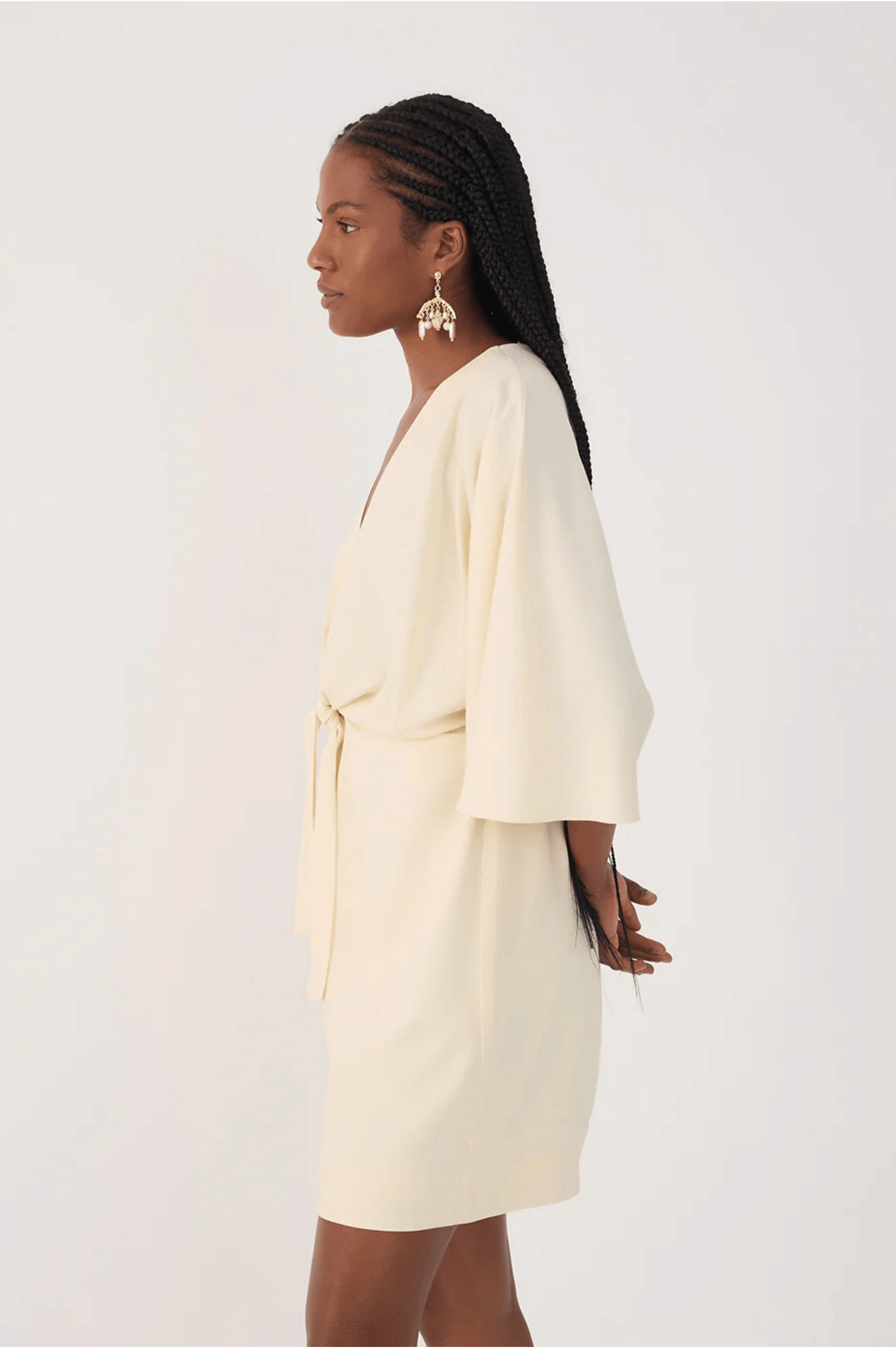 Front Knot Kimono Sleeve Mini Dress - Beige Shell