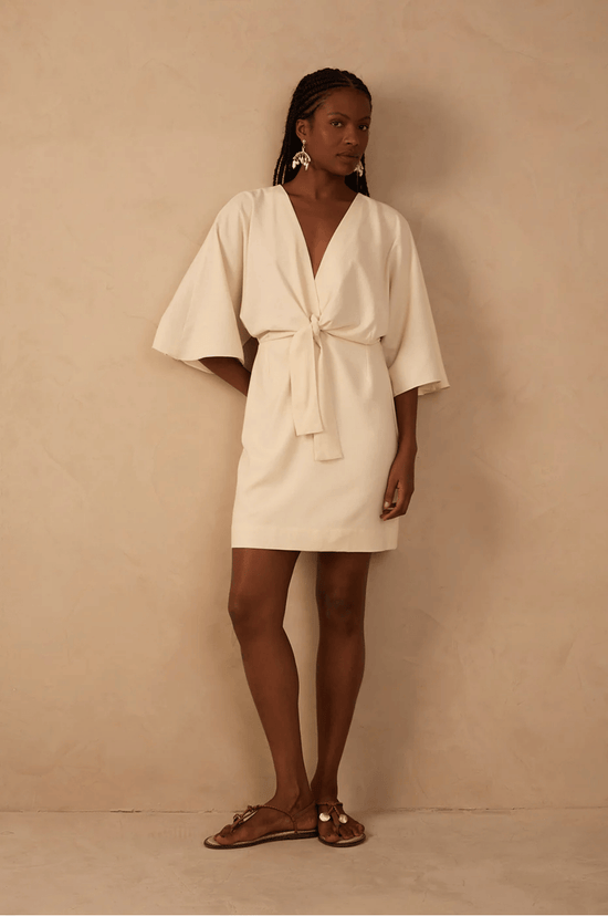 Front Knot Kimono Sleeve Mini Dress - Beige Shell