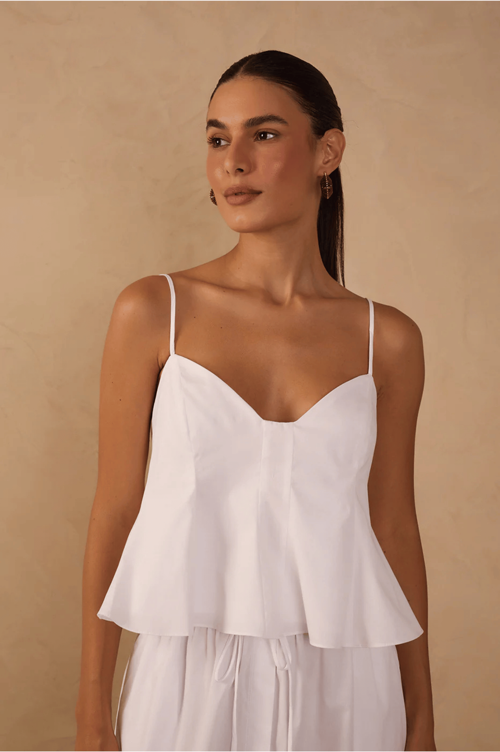 V Neck Sleeveless Cotton Peplum Top - White