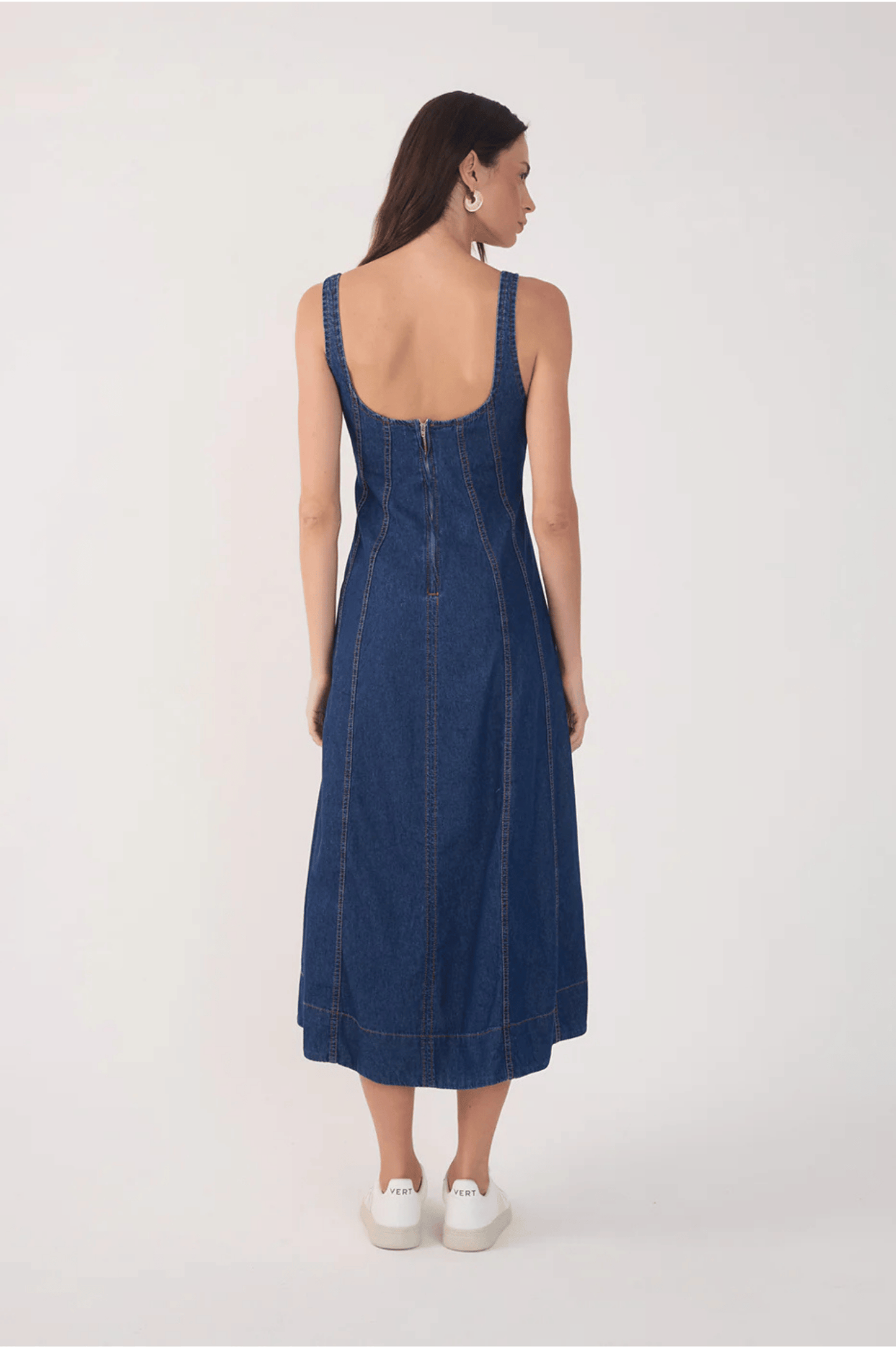 Denim Topstitching Sleeveless Midi Dress - Dark Wash