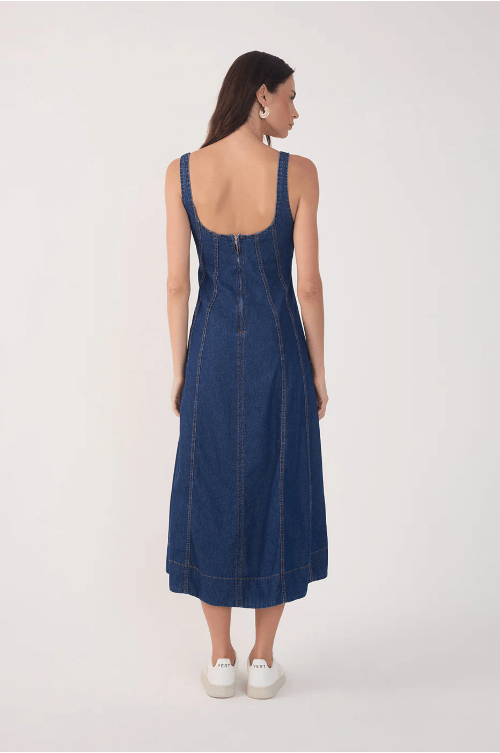 Denim Topstitching Sleeveless Midi Dress - Dark Wash