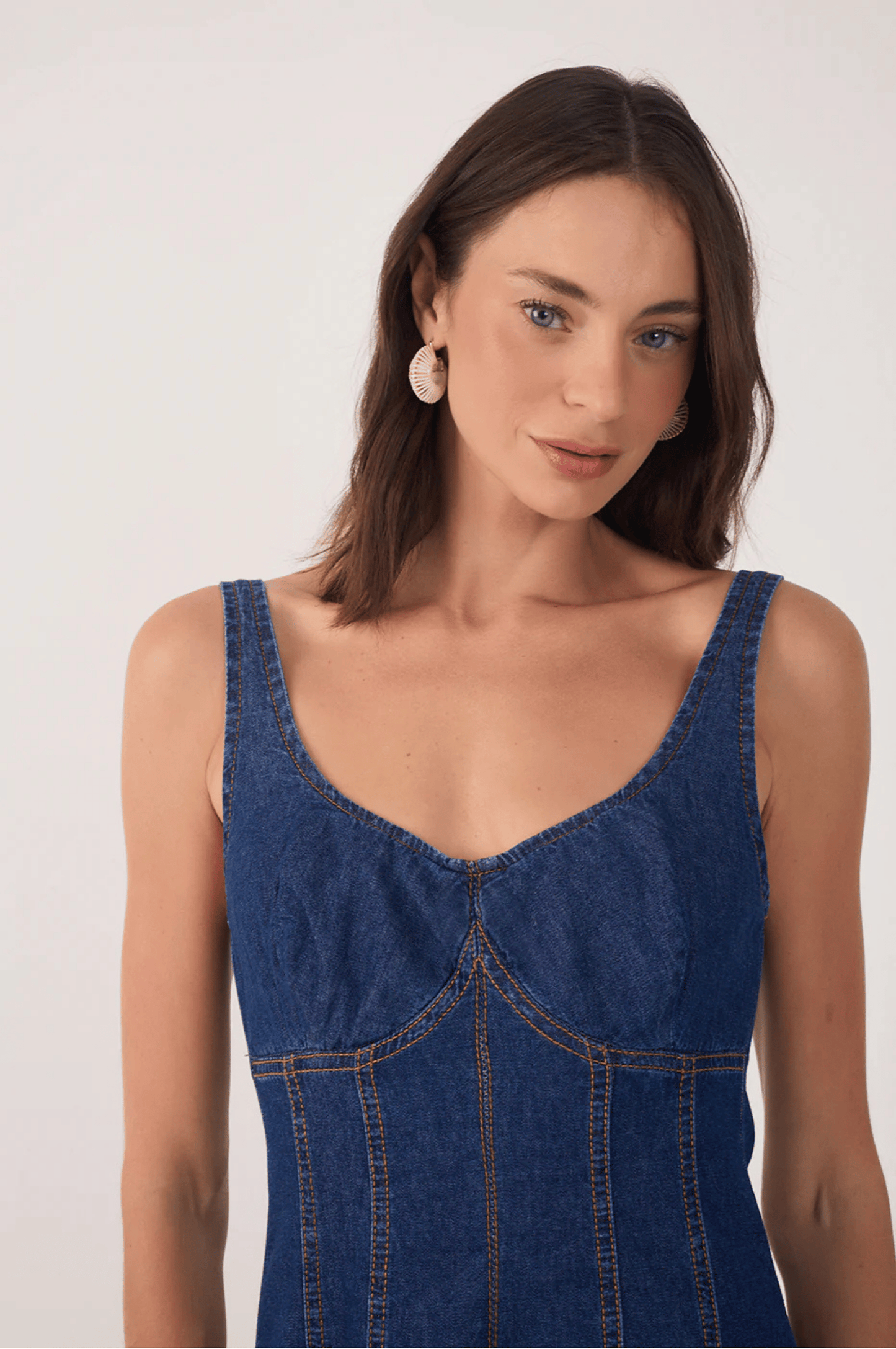 Denim Topstitching Sleeveless Midi Dress - Dark Wash