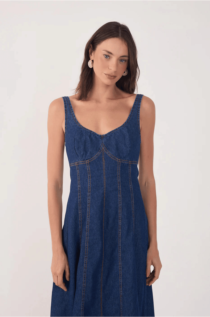 Denim Topstitching Sleeveless Midi Dress - Dark Wash