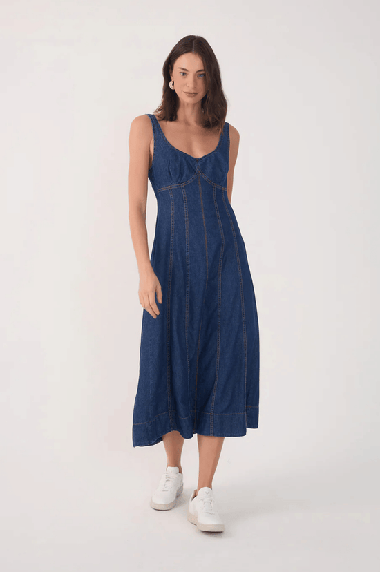 Denim Topstitching Sleeveless Midi Dress - Dark Wash