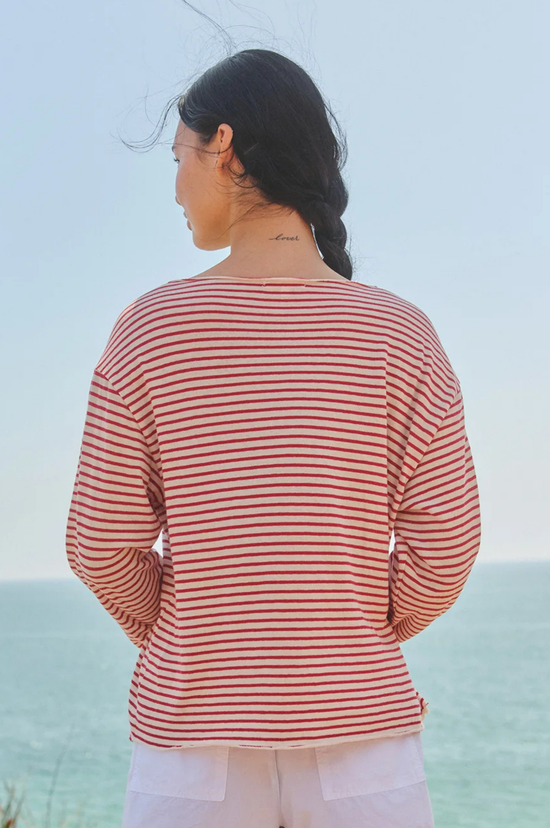 Boat Neck Stripe Top With Raw Edge - Oyster