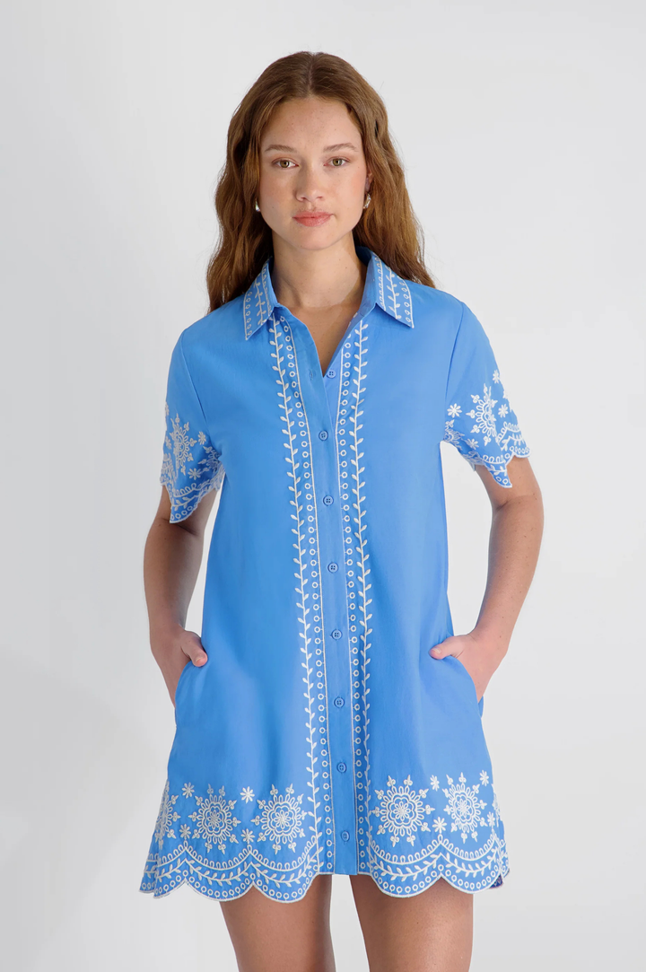 Alissa Cotton Embroidered Mini Dress - Poolside Blue/White