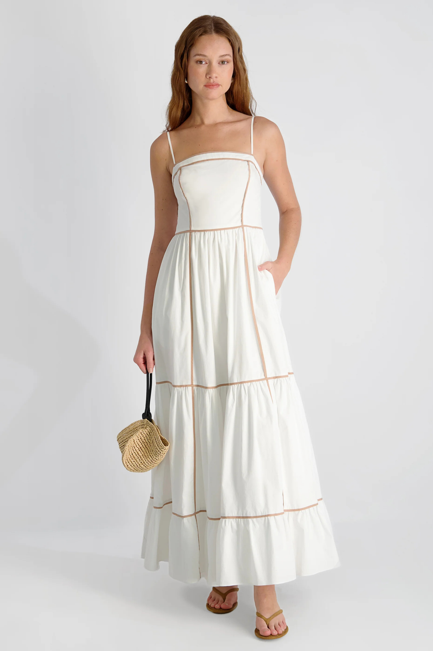 Cambria Cotton Contrast Trim Maxi Dress - Summer White/Almond Nude