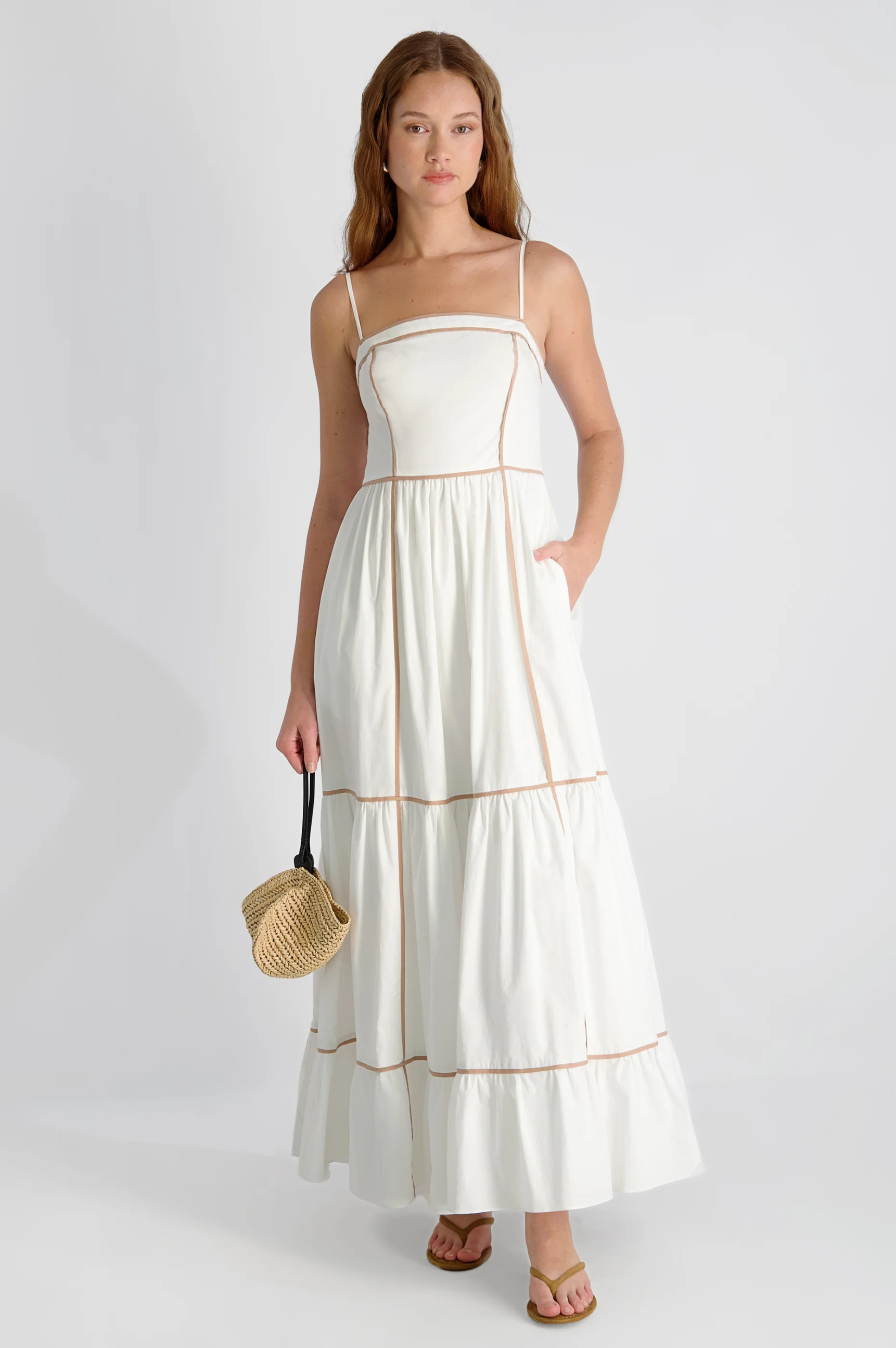 Cambria Cotton Contrast Trim Maxi Dress - Summer White/Almond Nude