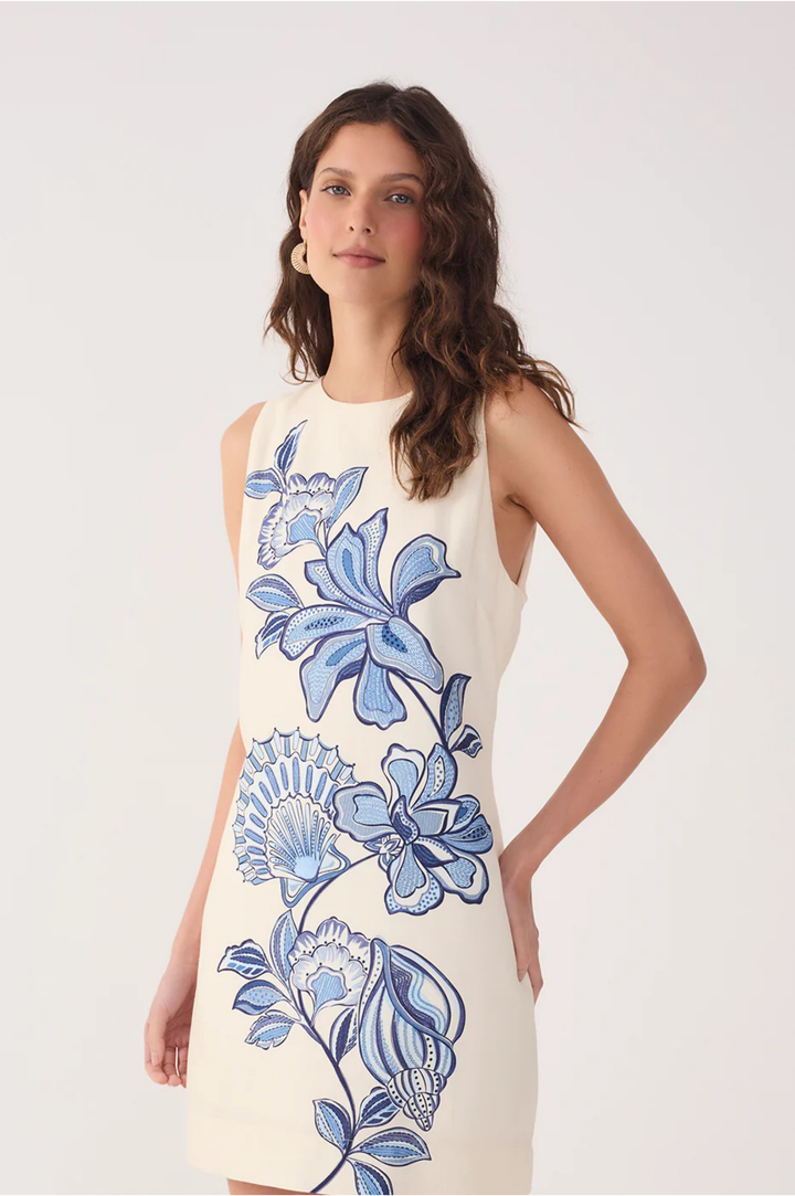 Off White Ocean Flower Back Ties Linen Mini Dress