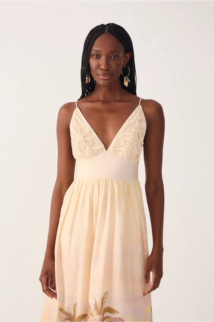 Beige Tropical Embroidered Bodice Maxi Dress