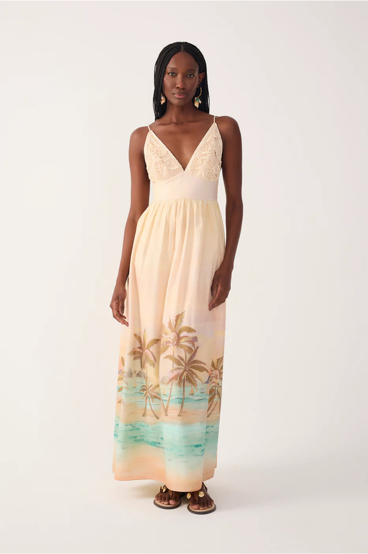 Beige Tropical Embroidered Bodice Maxi Dress