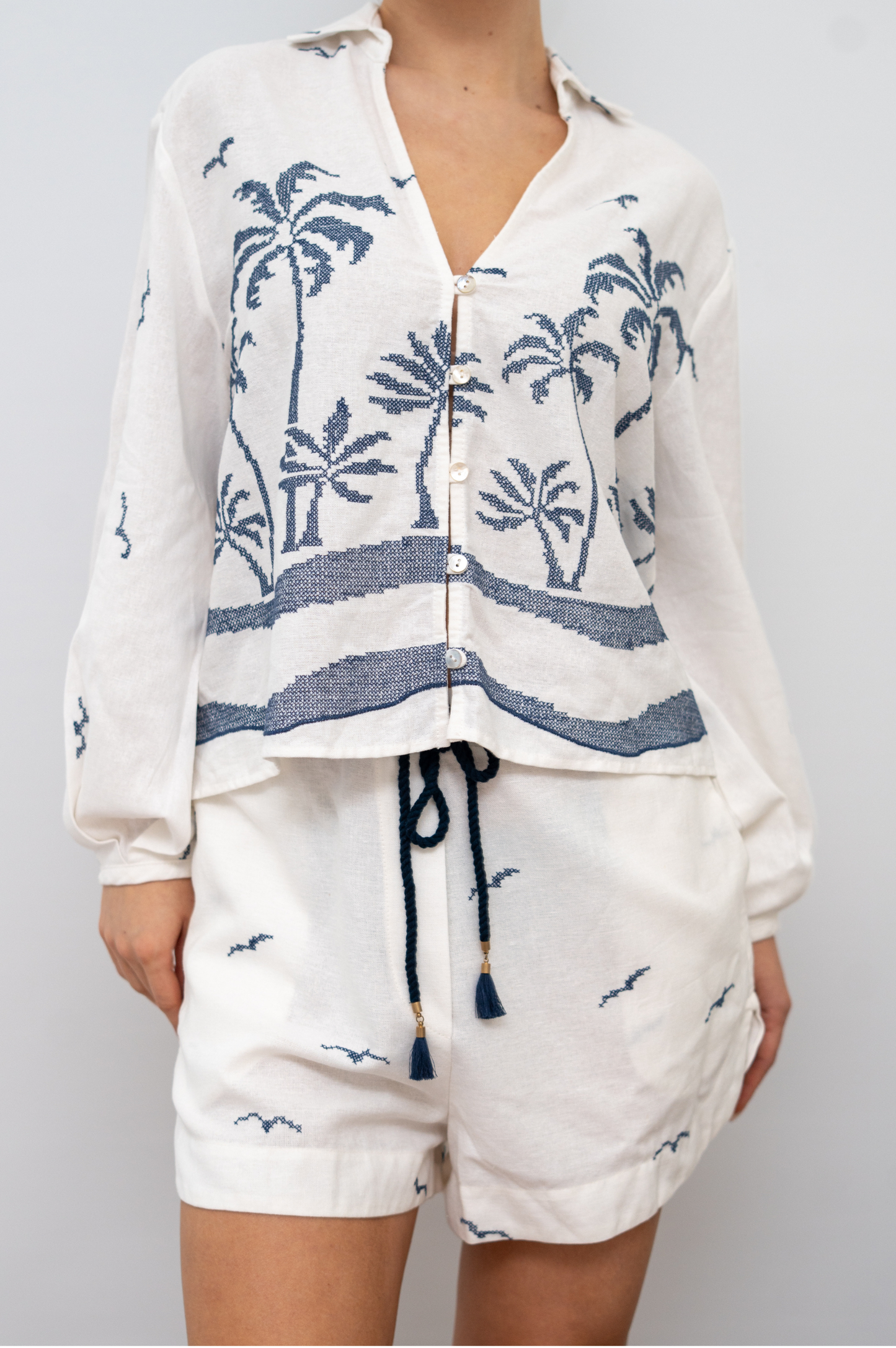Off White Nautical Embroidered Drawstring Linen Shorts