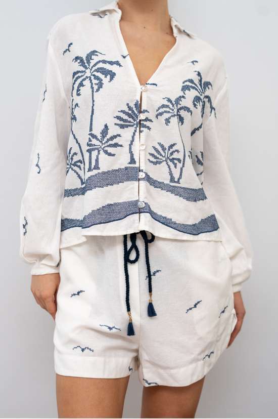 Off White Nautical Embroidered Drawstring Linen Shorts
