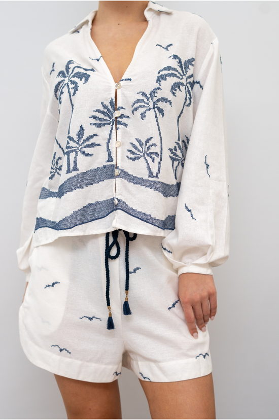 Off White Nautical Embroidered Collared Buttoned Linen Shirt